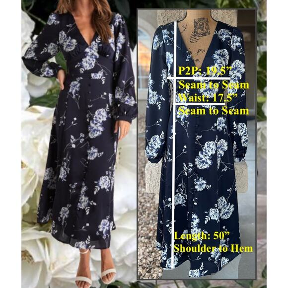 Lulus Navy Blue Button Detail Floral Midi Dress Size: Xlarge - Picture 11 of 11